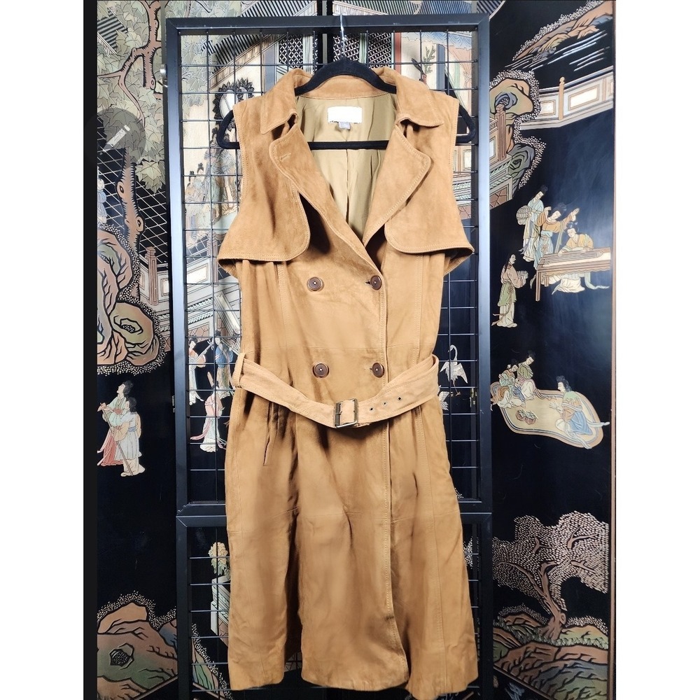 On Hold,Olivia Palermo Chelsea28 Suede Sleeveless Trench Coat Dress Belted Tan M